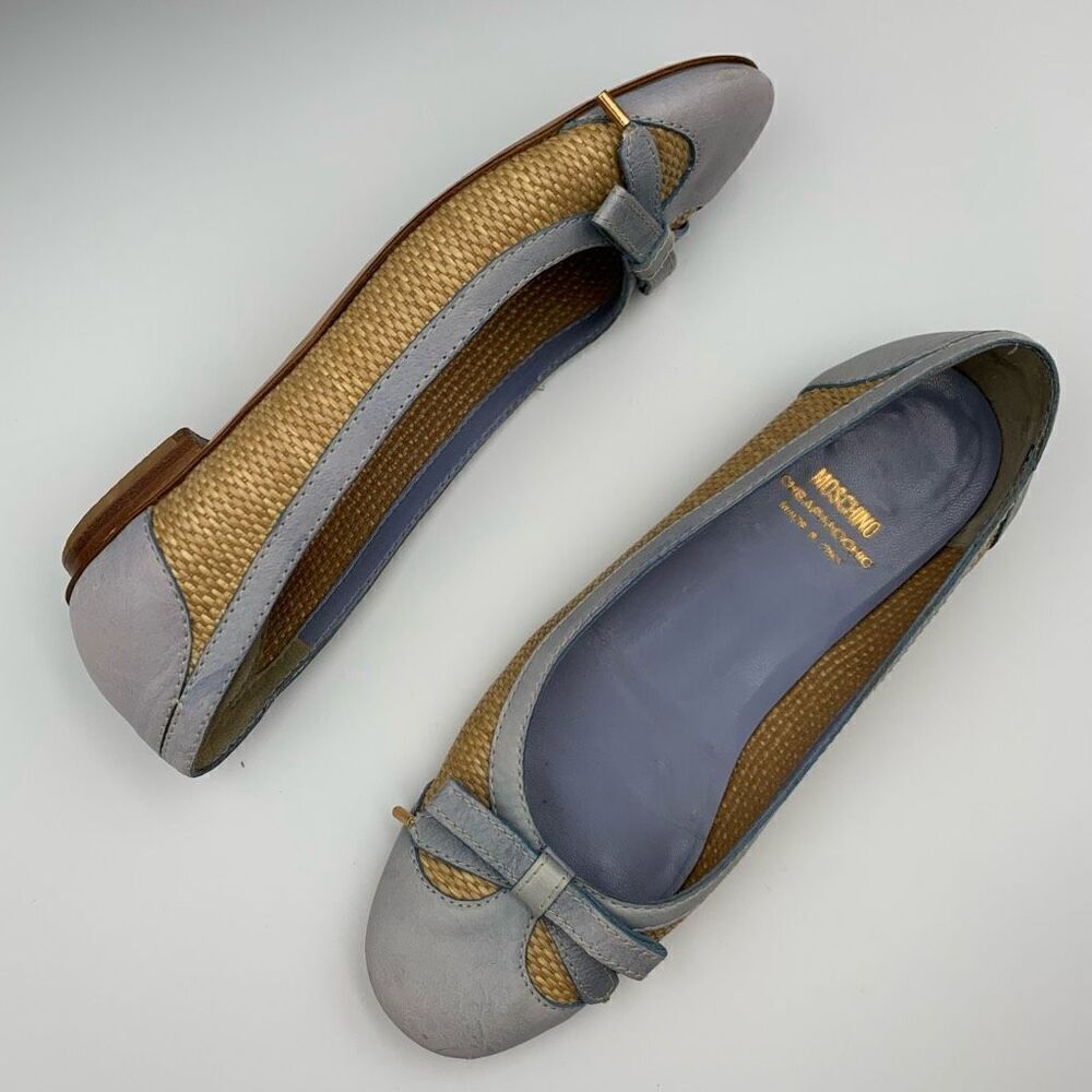 Moschino Cheapandchic Leather Rafia Ballet Flats Blue‎ Beige Size 36 - Picture 11 of 12